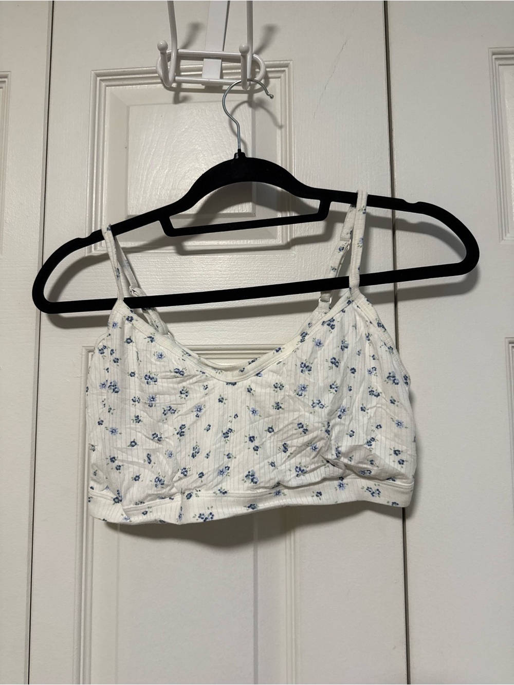 aerie White Ribbed Bralette with Small Blue Floral Print